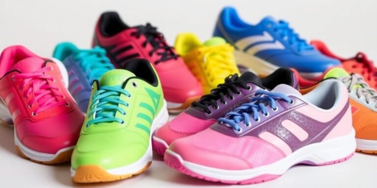 Colorful women's pickleball shoes displayed on a clean surface.