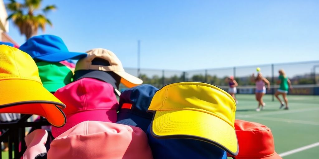 Colorful pickleball hats and visors on display outdoors.