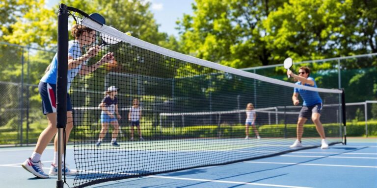 Portable pickleball net on a sunny outdoor court.