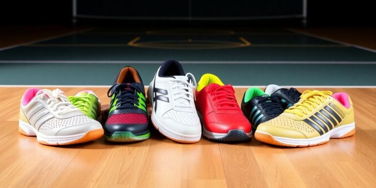 Colorful pickleball court shoes on a wooden floor.