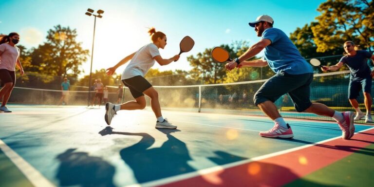 Players competing in a dynamic pickleball match outdoors.