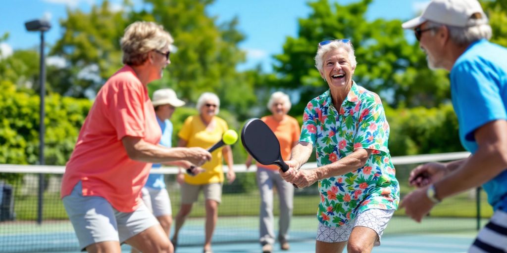 Seniors joyfully playing pickleball on a sunny court.