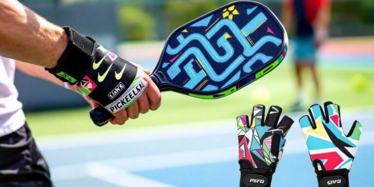 Player wearing colorful pickleball gloves on the court.