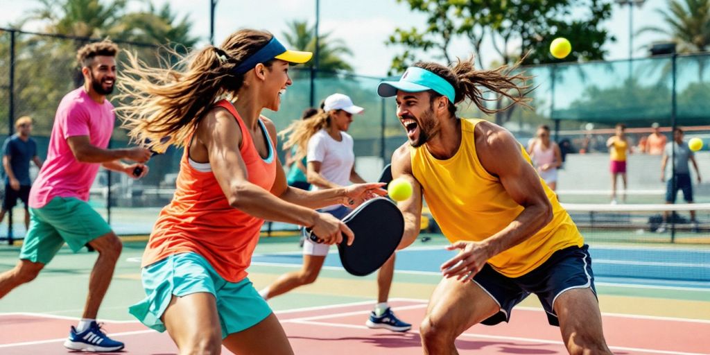 Players engaging in lively pickleball match on a court.