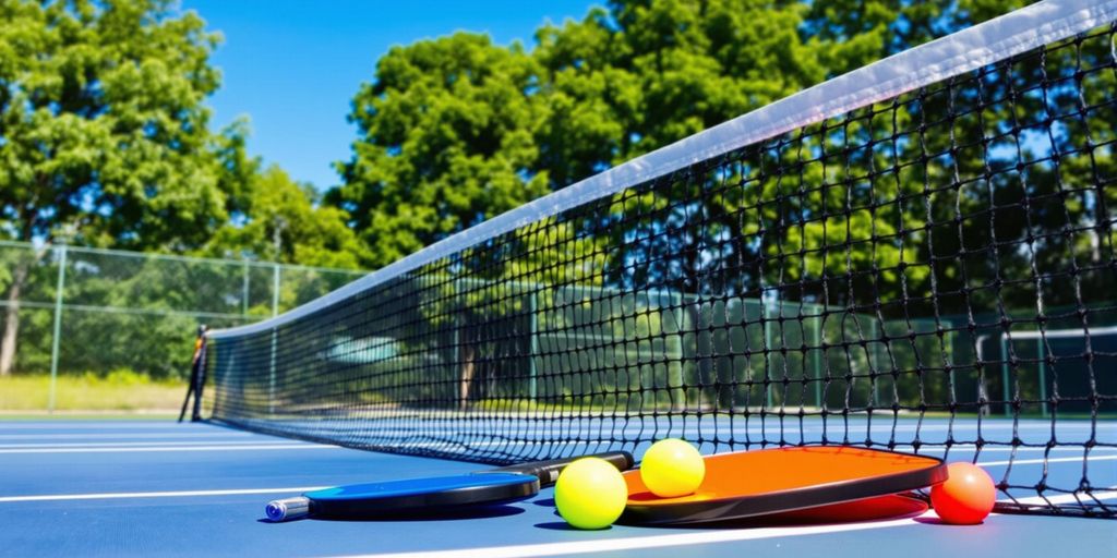 A pickleball net on an outdoor court with paddles.