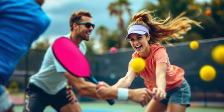 Players engaged in a competitive pickleball match on court.