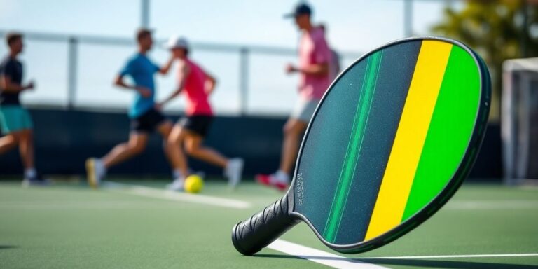 Composite pickleball paddle on a bright court surface.