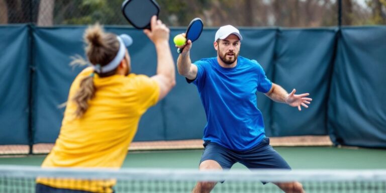 Players engaging in a competitive pickleball doubles match.