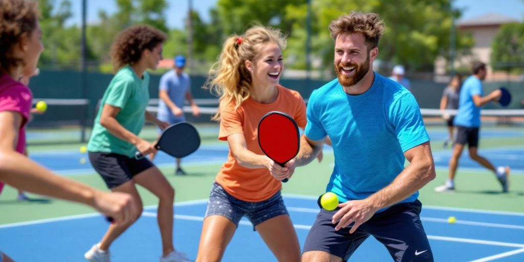 Beginners playing pickleball on a sunny outdoor court.