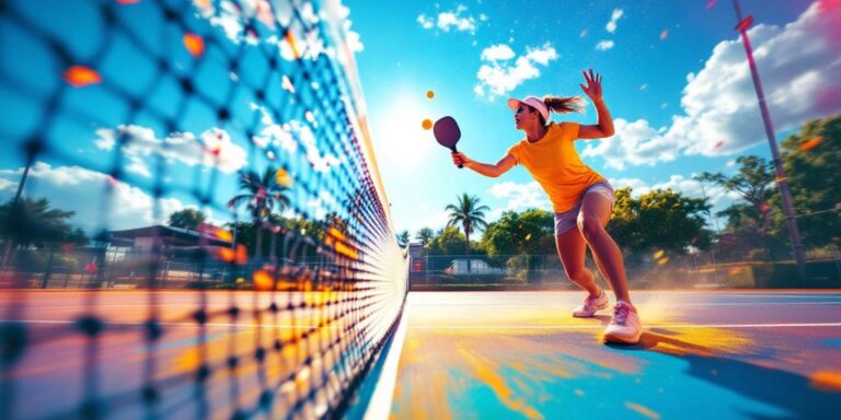 Pickleball player serving a ball on a bright court.