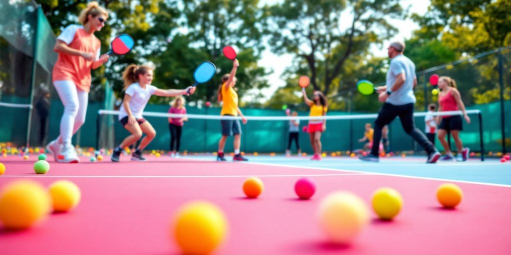 Pickleball players competing on a colorful court.