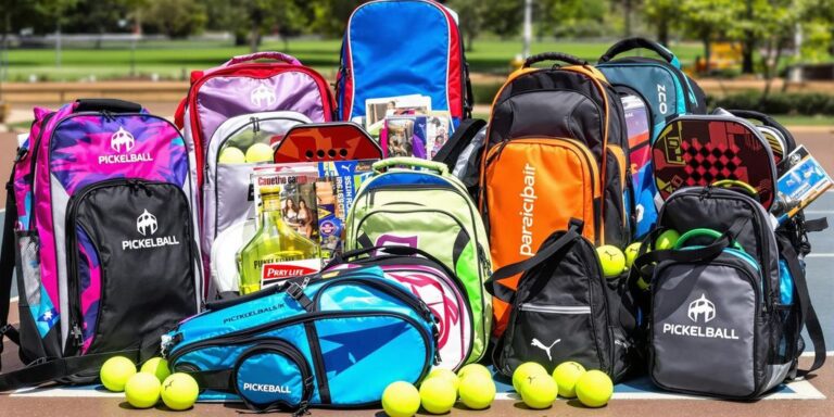 Assorted pickleball bags with gear on display outdoors.