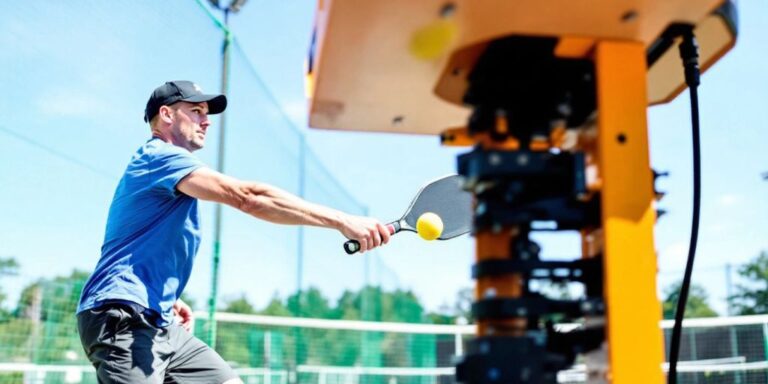 Player practicing pickleball with a ball machine outdoors.