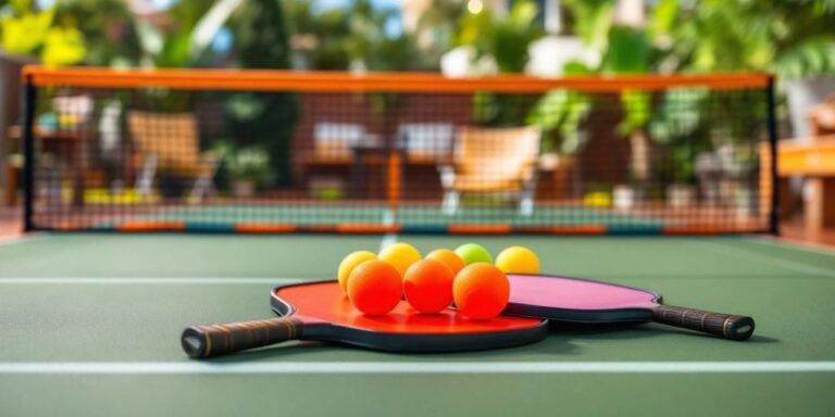 Pickleball court with net, paddles, and colorful balls.