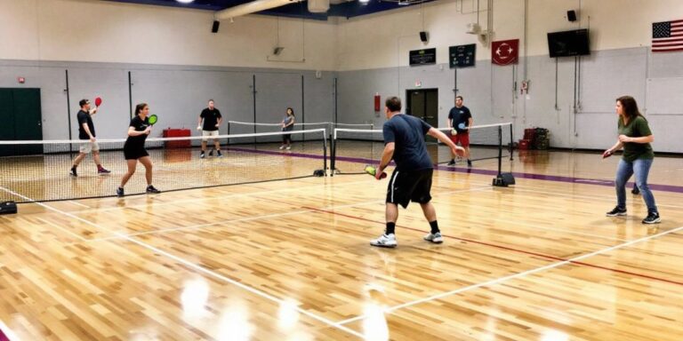 Indoor pickleball court with players in action.