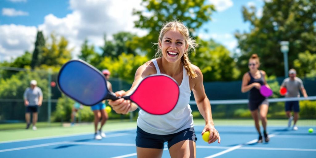 People playing pickleball on an outdoor court.