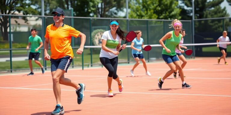 Athletes in stylish pickleball clothing on court.