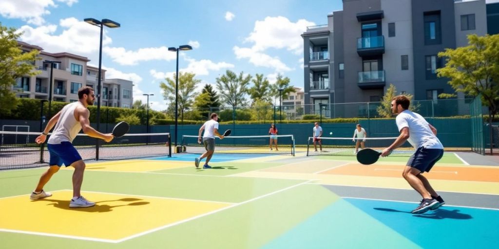 Colorful pickleball court with diverse surface materials.