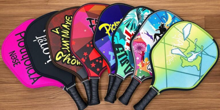 Colorful pickleball paddle covers on a wooden background.