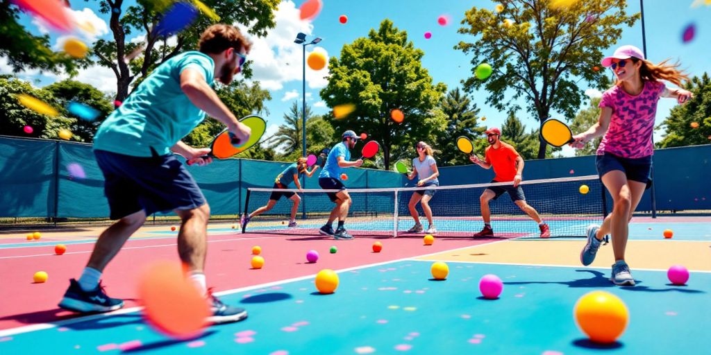 Players enjoying a lively game of pickleball on court.