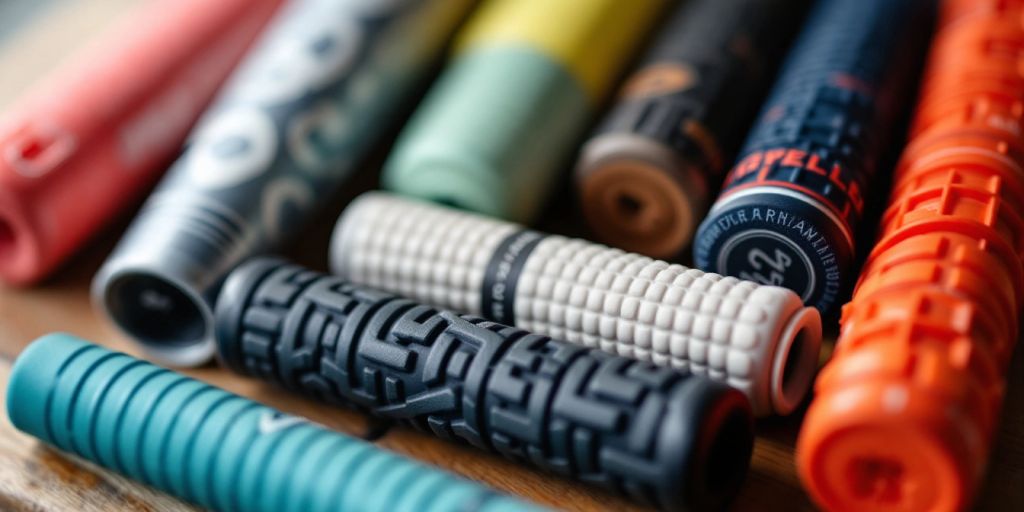 Colorful pickleball grips on a wooden surface.