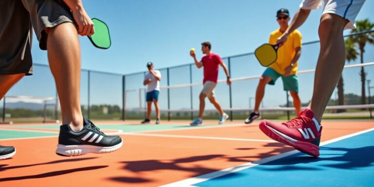 Men in colorful pickleball shoes on a court.