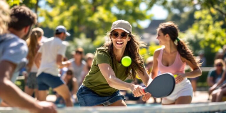 Players enjoying a competitive pickleball match outdoors.