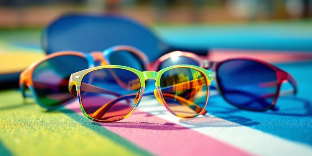 Colorful sunglasses on a pickleball court.