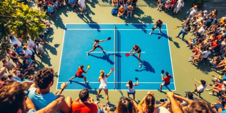 Players competing in a lively pickleball tournament outdoors.