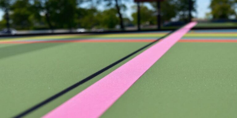 Colorful pickleball court with neatly applied line tape.