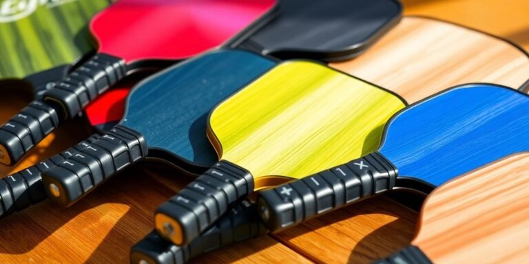 Colorful pickleball paddles on a wooden background.