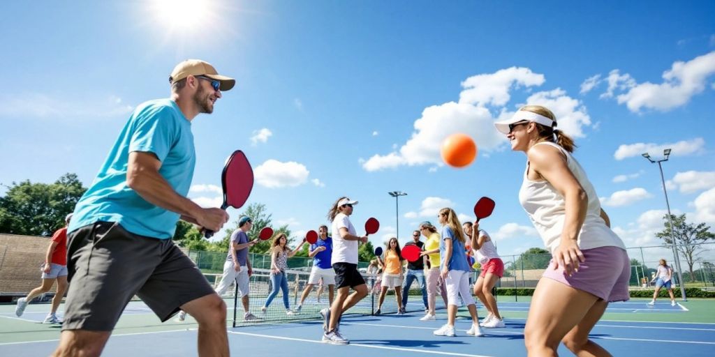 Beginners practicing pickleball on a sunny outdoor court.