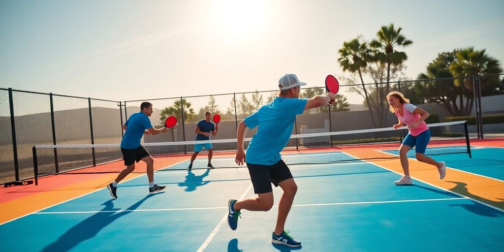 Players engaged in an intense pickleball match on court.