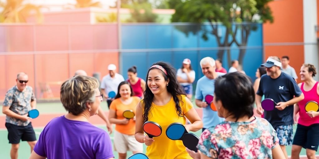 Diverse players enjoying a lively game of pickleball outdoors.