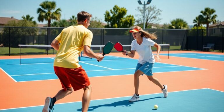 Two players competing in an outdoor pickleball match.