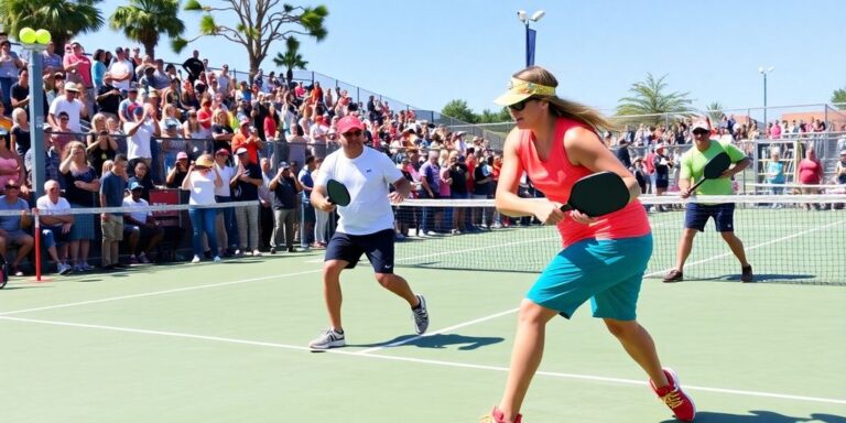 Two teams playing doubles pickleball on a sunny court.