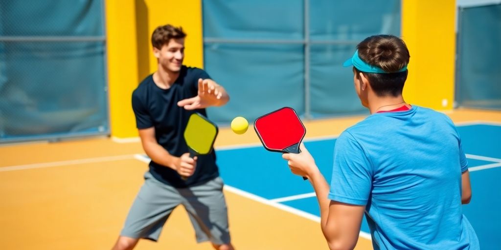 Players competing in a pickleball match on a court.