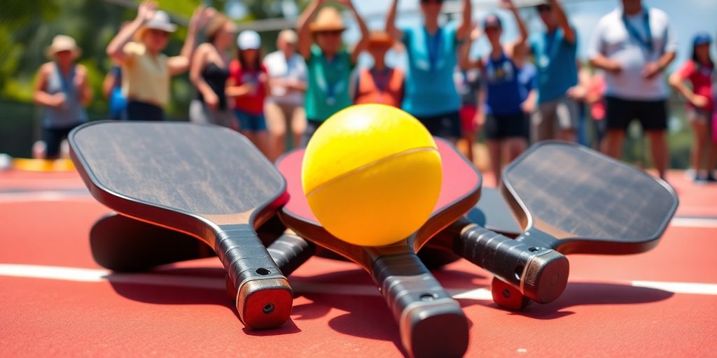 Pickleball paddles and ball on a lively court.