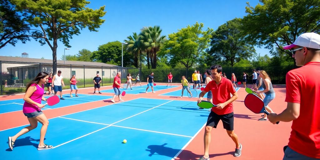 Players enjoying a game of pickleball on a sunny court.