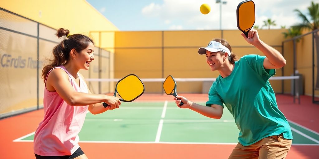 Two teams playing pickleball doubles on a court.