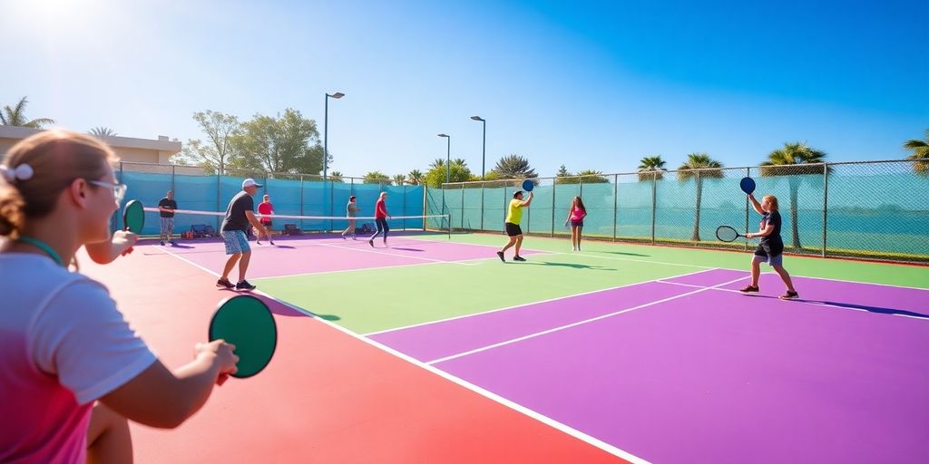 Players playing pickleball on a sunny court.