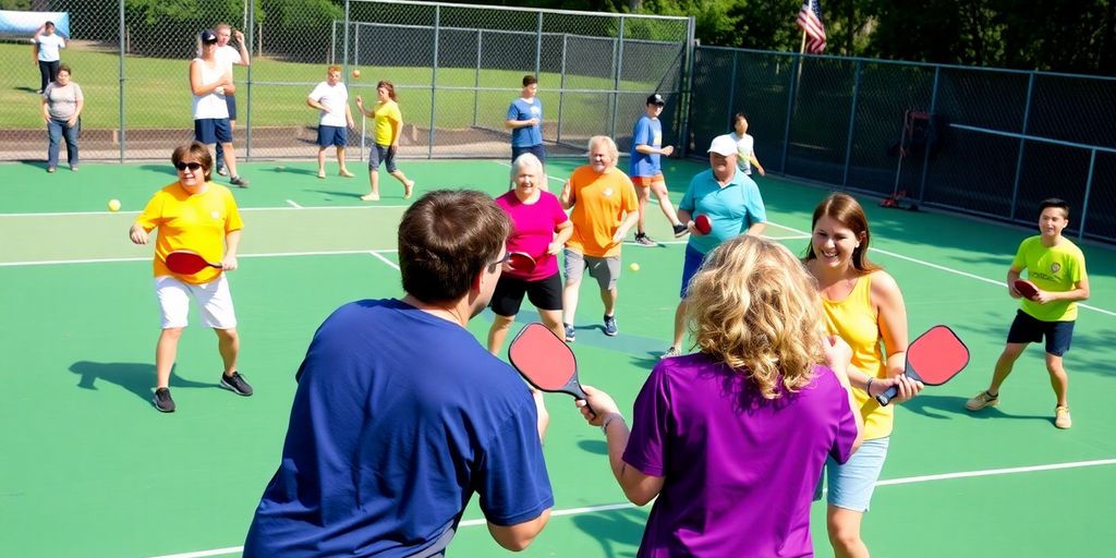 Players competing on a colorful pickleball court.