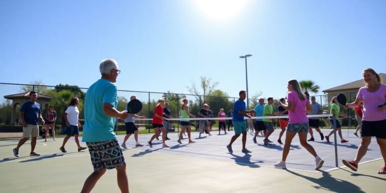 Players enjoying a game of pickleball on a sunny court.