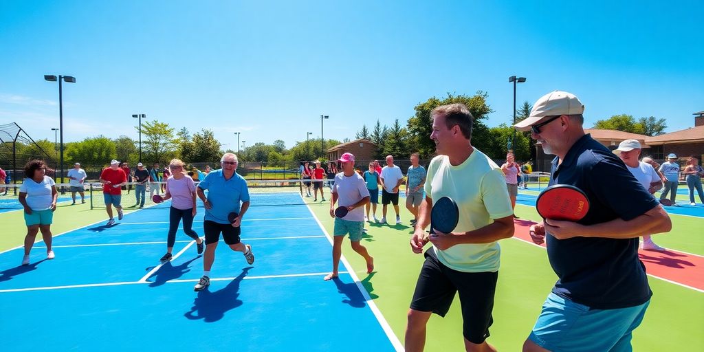 Players engaged in a lively game of pickleball outdoors.