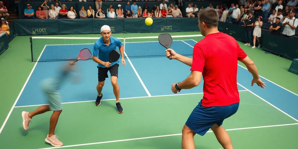 Tennis pros playing pickleball on a colorful court.