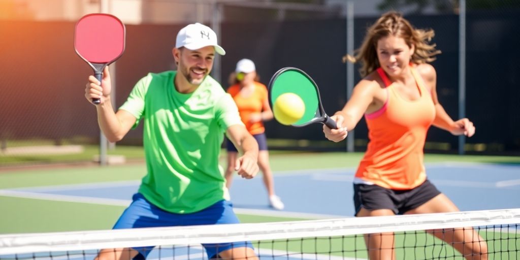 Action shot of players competing in pickleball.