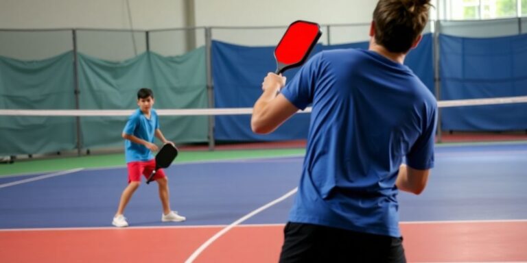 Two players in action during a pickleball match.