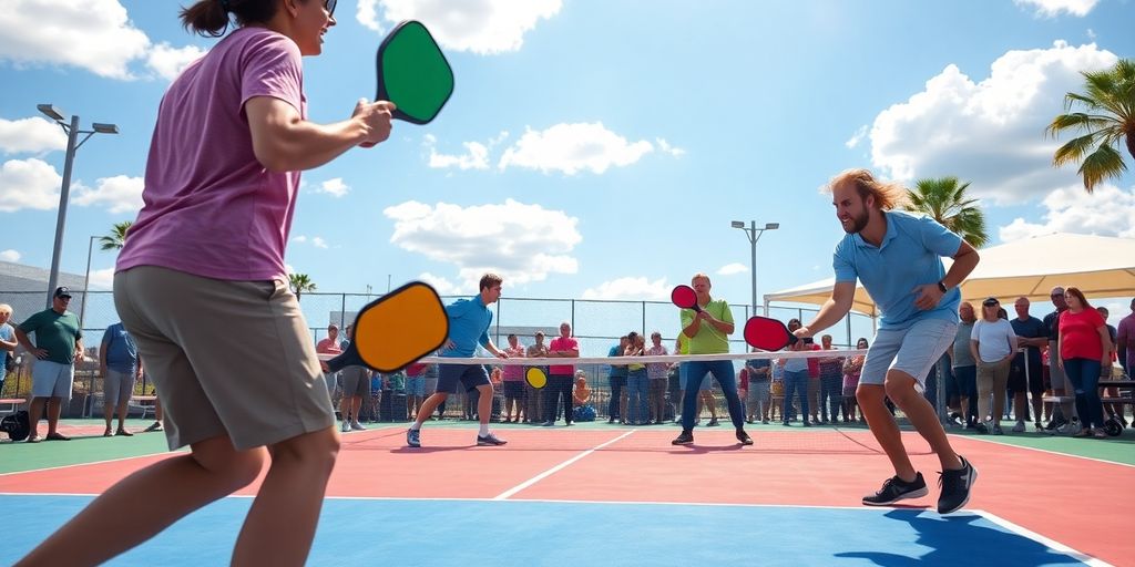 Players actively competing in an outdoor pickleball match.