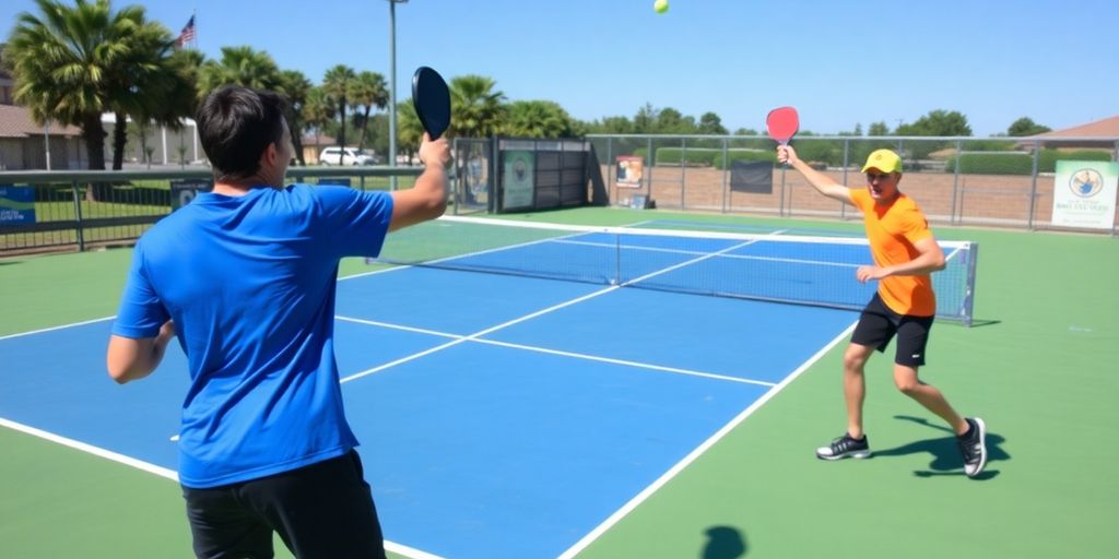 Players in action during a doubles pickleball game.