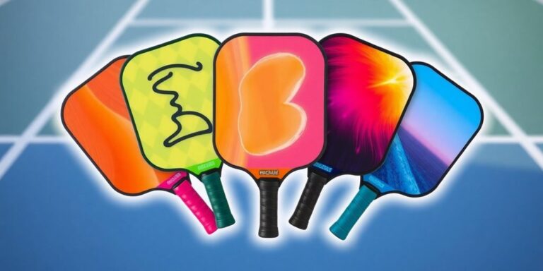 Five colorful pickleball paddles arranged in a fan shape.